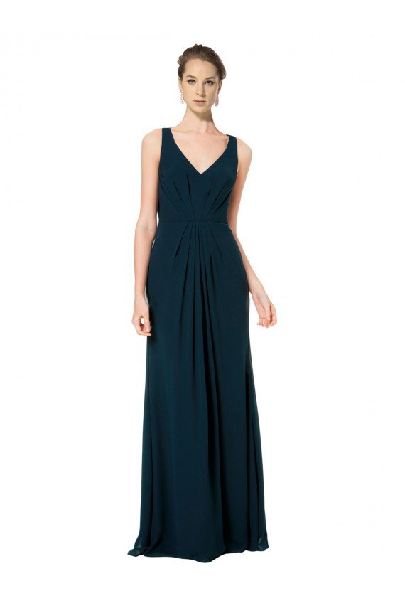 Verde Midnight línea A Cuello en V Gasa Largo Vestidos de dama de honor Descuento