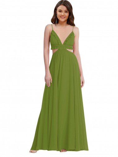 Verde Oliva línea A Cuello en V Gasa Largo Vestidos de dama de honor Descuento