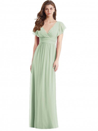 Verde Salvia Trompeta Cuello en V Gasa Largo Vestidos de dama de honor Descuento