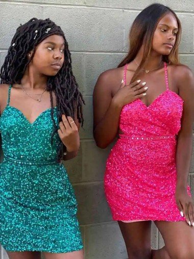Verde oscuro Cubierta Cuello en V Corto Lentejuelas Terciopelo Corto Vestidos de fiesta Descuento