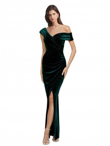Verde oscuro Cubierta Hombros Descubiertos Terciopelo Elástico Largo Asimétrico Formales Vestidos de dama de honor / Vestidos de fiesta Descuento
