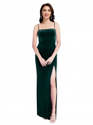 Verde oscuro Cubierta Tirantes espagueti Cuadrado Terciopelo Elástico Largo Vestidos de dama de honor / Vestidos de fiesta Descuento
