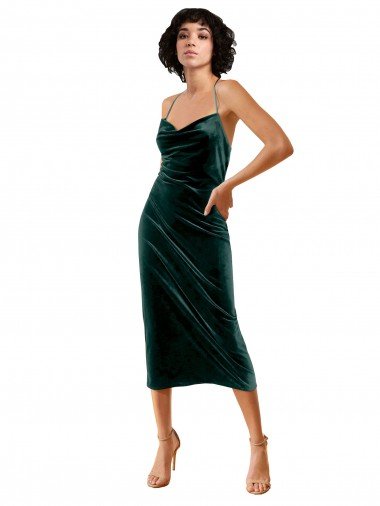 Verde oscuro Cubierta Tirantes espagueti Midi Terciopelo Elástico Corto Formales Vestidos de dama de honor / Vestidos de fiesta / Vestidos de cóctel Descuento