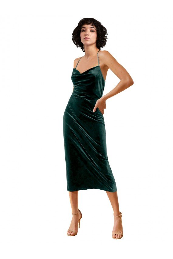 Verde oscuro Cubierta Tirantes espagueti Midi Terciopelo Elástico Corto Formales Vestidos de dama de honor / Vestidos de fiesta / Vestidos de cóctel Descuento