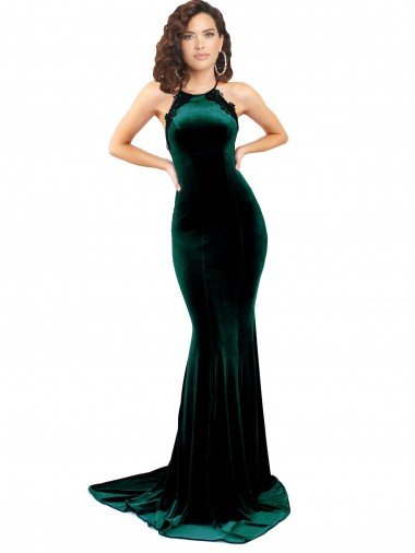 Verde oscuro Sirena Cuello Alto Barrer tren Terciopelo Elástico Largo Formales Vestidos de dama de honor / Vestidos de fiesta Descuento