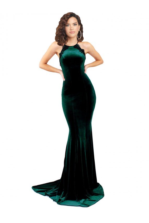 Verde oscuro Sirena Cuello Alto Barrer tren Terciopelo Elástico Largo Formales Vestidos de dama de honor / Vestidos de fiesta Descuento