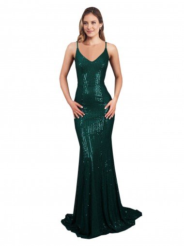 Verde oscuro Sirena Cuello en V Lentejuela Largo Formales Vestidos de dama de honor / Vestidos de fiesta Descuento
