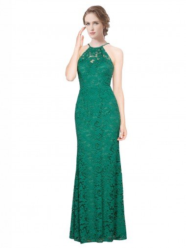 Verde oscuro Sirena Halter Cuello Alto Encaje Largo Vestidos de dama de honor / Vestidos de fiesta Descuento