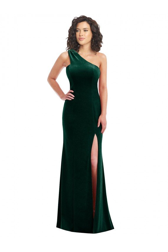 Verde oscuro Trompeta Un Hombre Terciopelo Elástico Largo Vestidos de dama de honor / Vestidos de fiesta Descuento