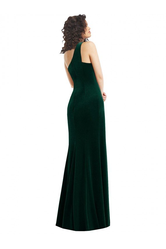 Verde oscuro Trompeta Un Hombre Terciopelo Elástico Largo Vestidos de dama de honor / Vestidos de fiesta Descuento