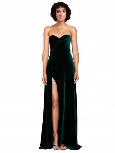 Verde oscuro línea A Cuello de Corazón Barrer tren Terciopelo Elástico Largo Vestidos de dama de honor / Vestidos de fiesta Descuento