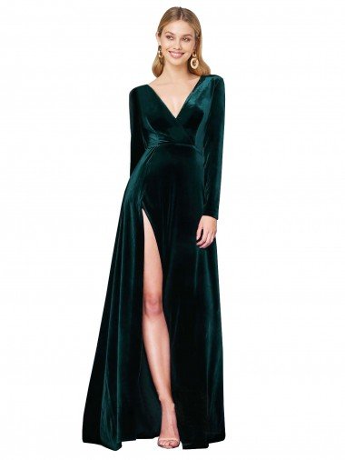 Verde oscuro línea A Cuello en V Barrer tren Terciopelo Elástico Largo Formales Vestidos de dama de honor / Vestidos de fiesta Descuento