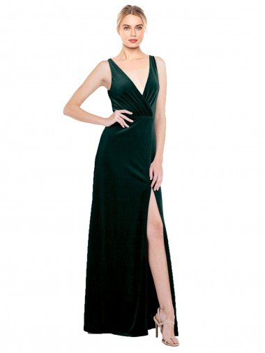 Verde oscuro línea A Cuello en V Terciopelo Elástico Largo Formales Vestidos de dama de honor / Vestidos de fiesta Descuento
