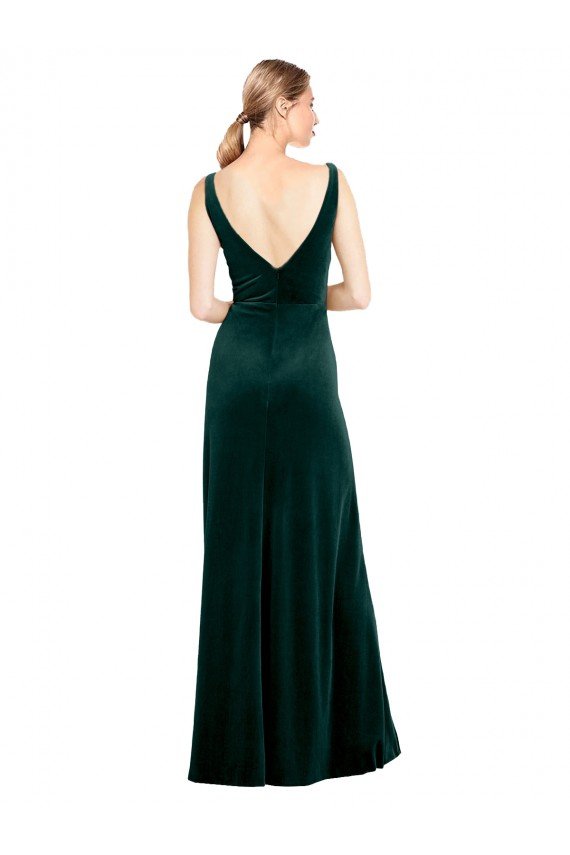 Verde oscuro línea A Cuello en V Terciopelo Elástico Largo Formales Vestidos de dama de honor / Vestidos de fiesta Descuento