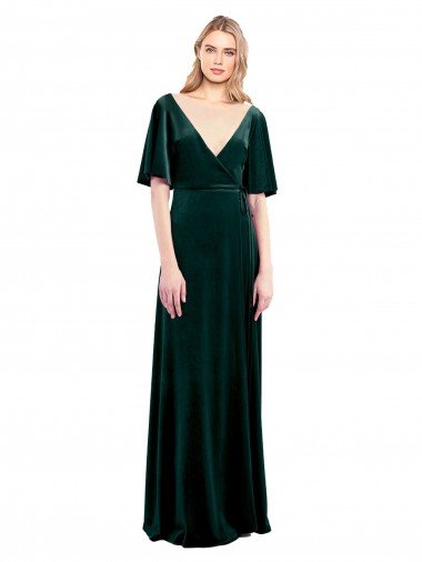 Verde oscuro línea A Cuello en V Terciopelo Elástico Largo Vestidos de dama de honor / Vestidos de fiesta Descuento