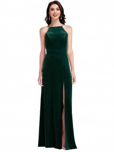 Verde oscuro línea A Halter Cuello Alto Terciopelo Elástico Largo Vestidos de dama de honor / Vestidos de fiesta Descuento