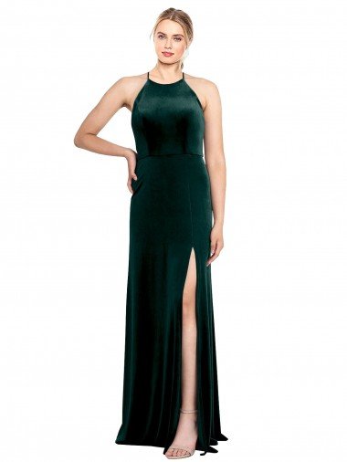 Verde oscuro línea A Tirantes espagueti Cuello joya Terciopelo Elástico Largo Vestidos de dama de honor / Vestidos de fiesta Descuento