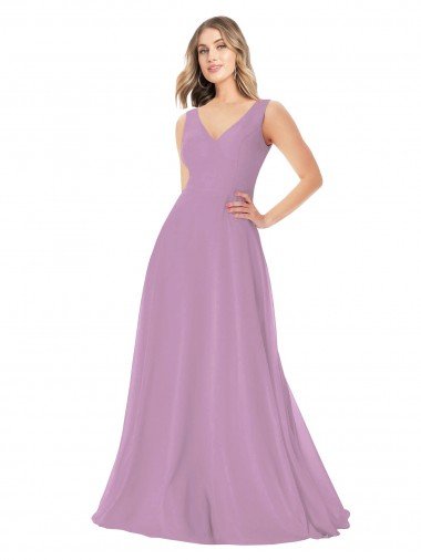 lavanda oscura línea A Cuello en V Gasa Largo Vestidos de dama de honor Descuento