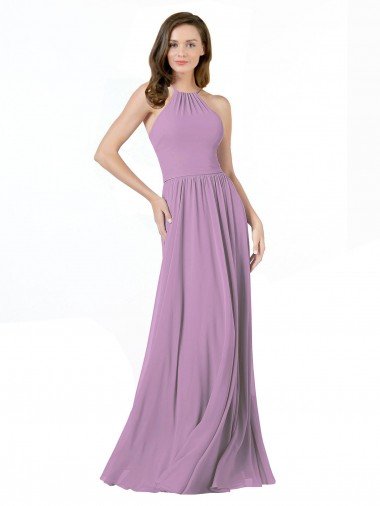 lavanda oscura línea A Halter Gasa Largo Vestidos de dama de honor Descuento