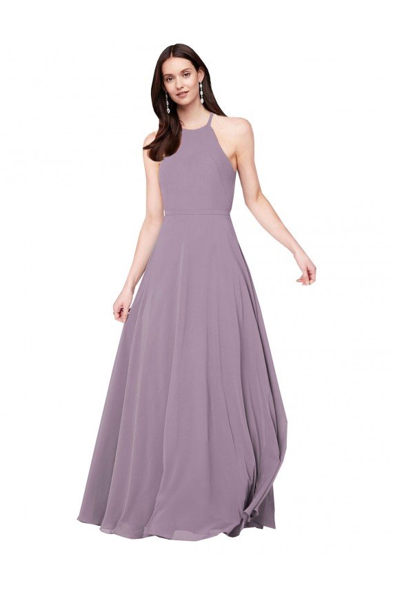 lavanda oscura línea A Halter Gasa Largo Vestidos de dama de honor Descuento