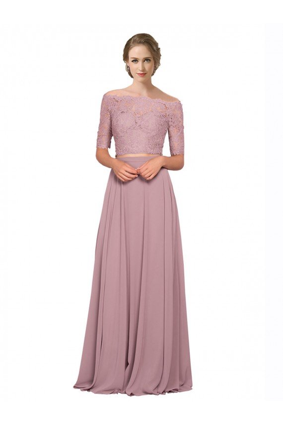 línea A Hombros Descubiertos Gasa Encaje Largo Vestidos de dama de honor / Vestidos de fiesta Descuento