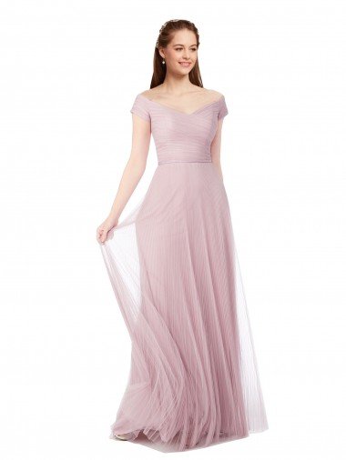 línea A Hombros Descubiertos Tul Largo Vestidos de dama de honor Descuento
